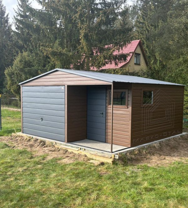 Garaż blaszany 5m x 6m z wnęką, drewnopodobny + grafit - obrazek 2